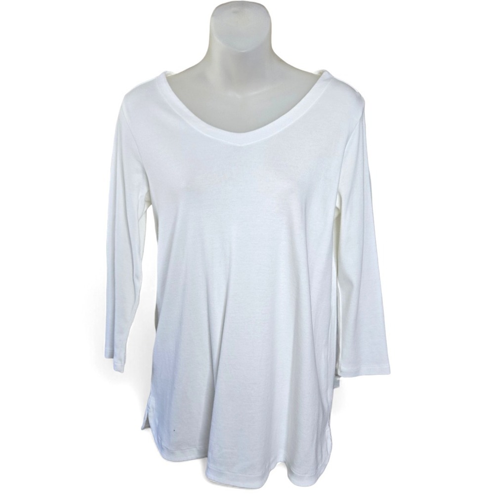 J Jill Womens Minimalist Pima Cotton Tee Size XS White V Neck 3/4 Sleeve Top‎